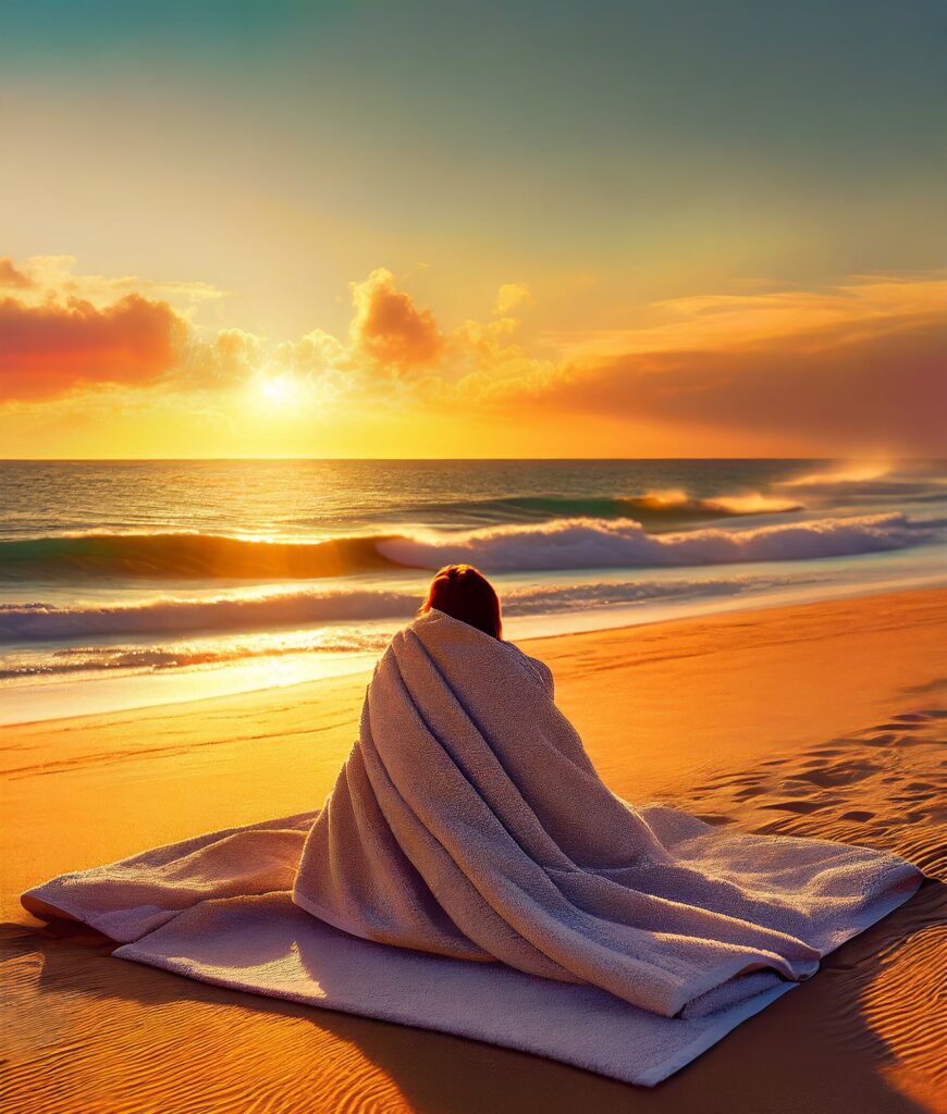 A serene beach sunset scene with a solitary figure wrapped in a perfectly sized towel, symbolizing the final thoughts on the dynamic nature of towel sizes, Illustration, capturing a sense of tranquility and contentment