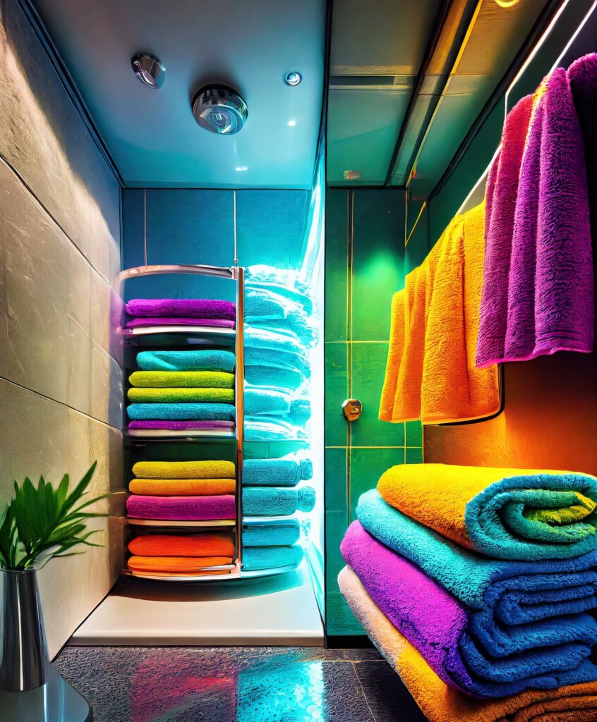 An imaginative futuristic scene with technologically advanced "smart towels" and innovative size variations, showcasing the cutting-edge possibilities in towel sizing, Illustration, combining sleek futuristic elements with vibrant colors to portray the concept of innovation