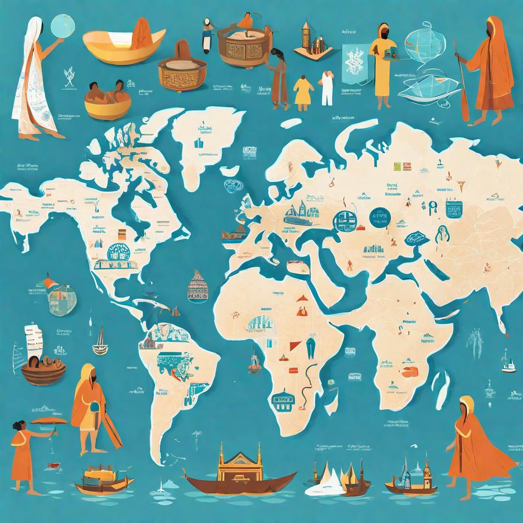A global map showcasing different regions and their preferred towel sizes, representing cultural diversity and its impact on size choices, Digital illustration, incorporating cultural symbols and icons to highlight geographical influences