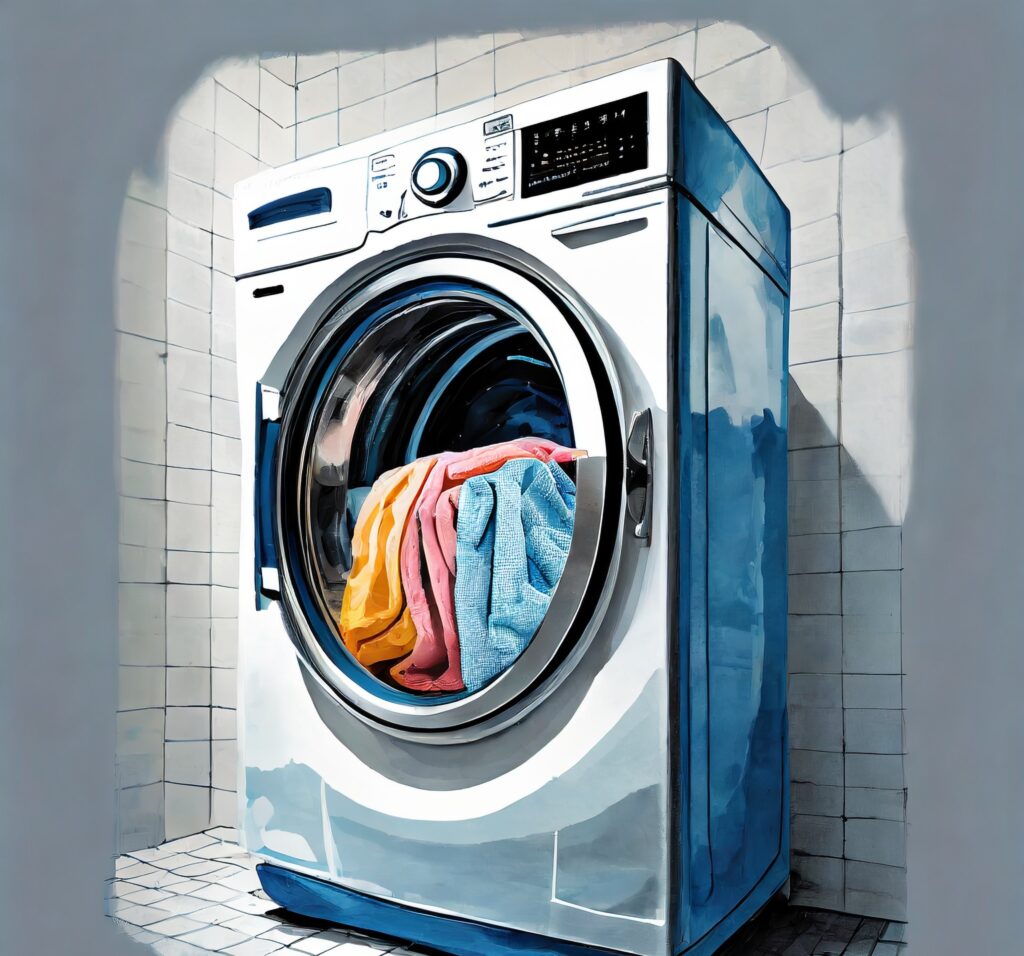 A modern and minimalist still image of a front-loading washing machine with a comforter inside, against a clean white background. This digital illustration, inspired by the sleek style of Mies van der Rohe, highlights the specific considerations for front-loading machines. The colors are neutral and minimalist, emphasizing simplicity. The lighting is even, showcasing the clean lines of the machine. --v 5 --stylize 1000 --ar 16:9
