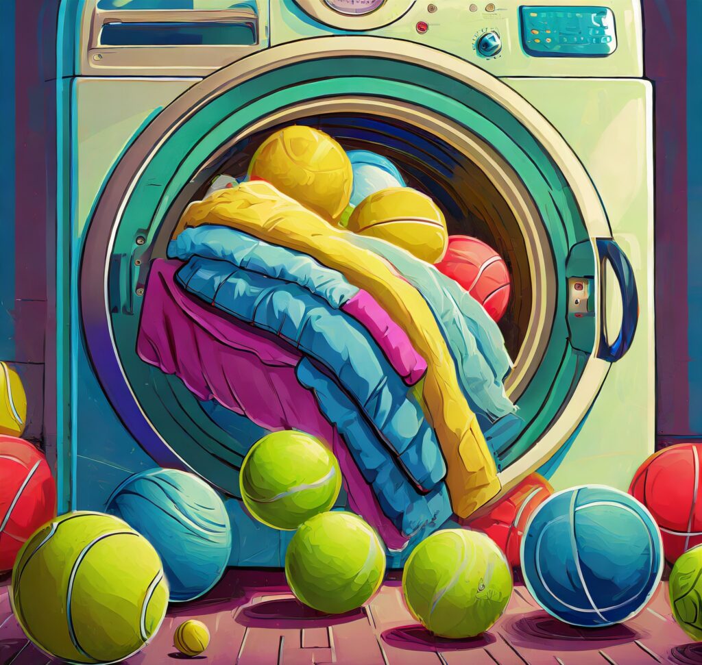A vibrant illustration of a comforter bouncing in a dryer, surrounded by colorful dryer balls and tennis balls. Inspired by the modern pop art of Keith Haring, this digital illustration showcases the use of dryer balls or tennis balls. The colors are bold and lively, creating a sense of energy. The lighting is vibrant, illuminating the movement and dynamic nature of the scene. --v 5 --stylize 1000 --ar 16:9
