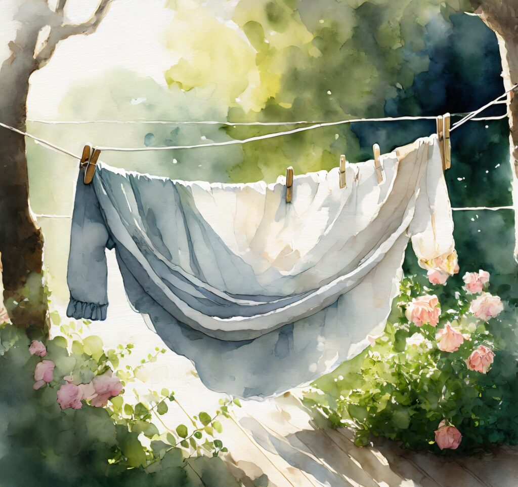 An exquisite still image of a comforter being air-dried on a clothesline in a sunlit garden. This digital illustration, reminiscent of the delicate watercolors of Agnes Cecile, explores the contrast between air drying and machine drying. The colors are soft and ethereal, evoking a sense of tranquility. The lighting is soft, casting gentle shadows on the comforter and the surrounding environment. --v 5 --stylize 1000 --ar 16:9