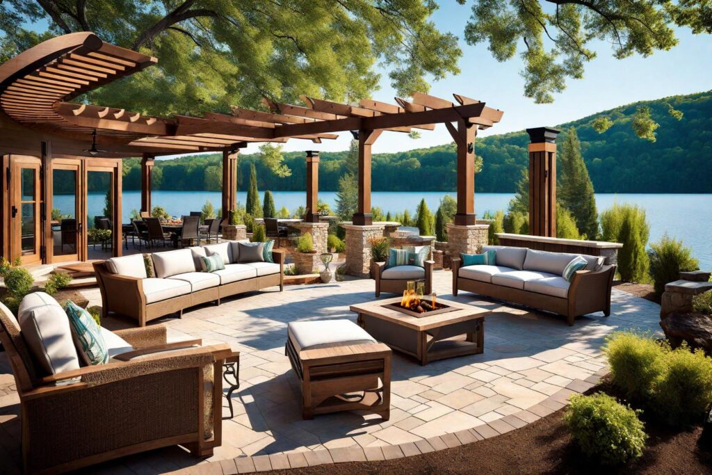 /imagine prompt: Outdoor Living Spaces A. Lakeside Patio Design Outdoor living spaces, Cinematic, Hyper-detailed, insane details, Beautifully color graded, Unreal Engine, DOF, Super-Resolution, Megapixel, Cinematic Lightning, Anti-Aliasing, FKAA, TXAA, RTX, SSAO, Post Processing, Post Production, Tone Mapping, CGI, VFX, SFX, Insanely detailed and intricate, Hyper maximalist, Hyper realistic, Volumetric, Photorealistic, ultra photoreal, ultra-detailed, intricate details, 8K, Super detailed, Full color, Volumetric lightning, HDR, Realistic, Unreal Engine, 16K, Sharp focus. Embrace the natural surroundings and extend the living space outdoors with a lakeside patio design. Incorporate comfortable outdoor furniture like lounge chairs and dining sets that withstand exposure to the elements. Install a pergola or retractable awning for shade during hot summer days, and enhance the ambiance with string lights or lanterns for cozy evenings by the lake, --v testp