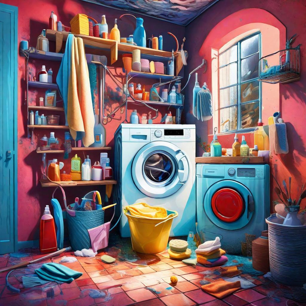 A whimsical illustration of a washing machine and various cleaning supplies floating in a dreamlike atmosphere. With its surreal elements and vibrant colors, this digital illustration, reminiscent of Salvador Dali's works, captures the idea of alternative cleaning methods. The washing machine and supplies are depicted in contrasting colors, creating a visually striking scene. The lighting is surreal, casting shadows that add depth to the composition. --v 5 --stylize 1000 --ar 16:9